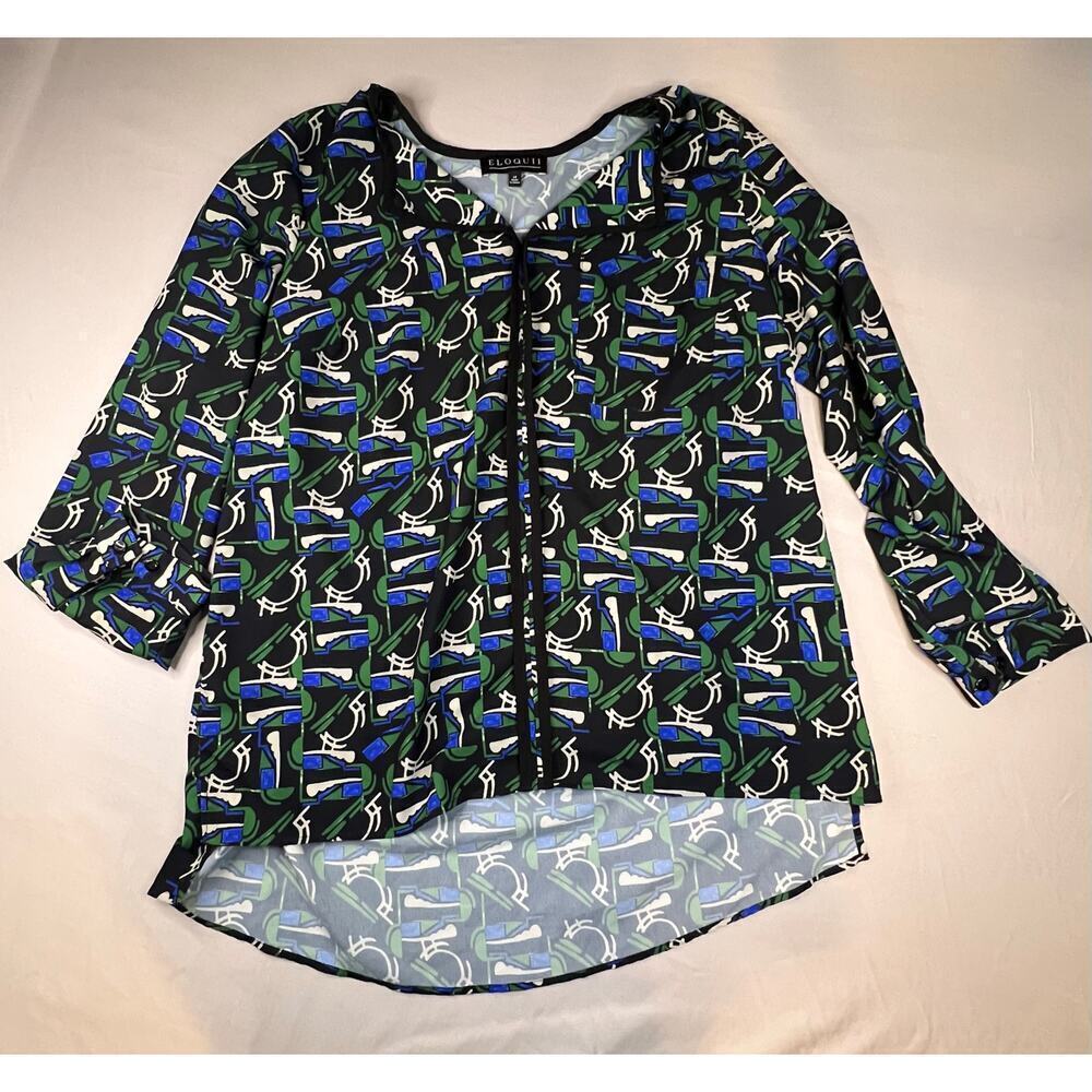 Eloquii Women’s Size 14 Blouse Green Blue Abstract‎ Print Long Sleeve